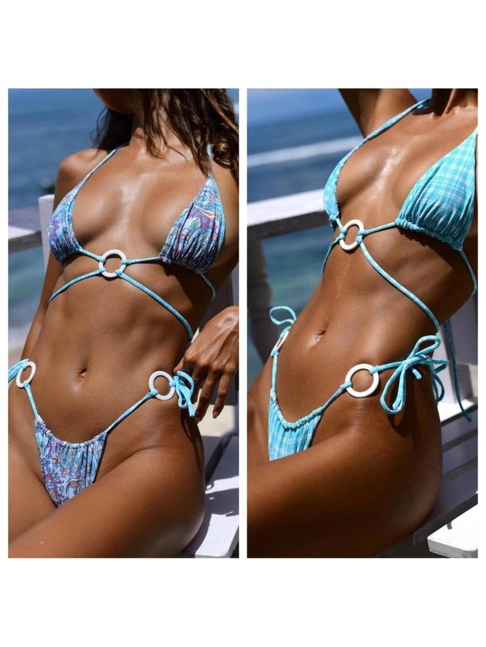 🆕 NWT REVOLVE Bikini REVERSIBLE PAISLEY CHECK VDM PASTEL MINT BLUE STRING